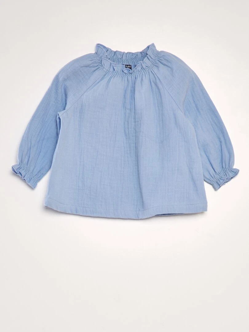Blouse manches longues col volantée Bleu