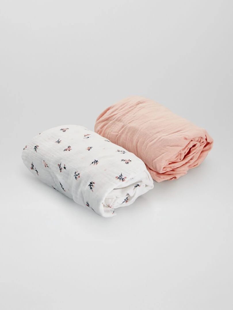 Lot de 2 draps housse en gaze de coton Blanc/rose