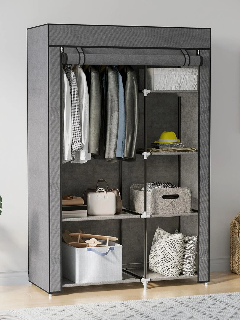 Armoire penderie multi rangement 6 étagères 1 barre non tissé Gris
