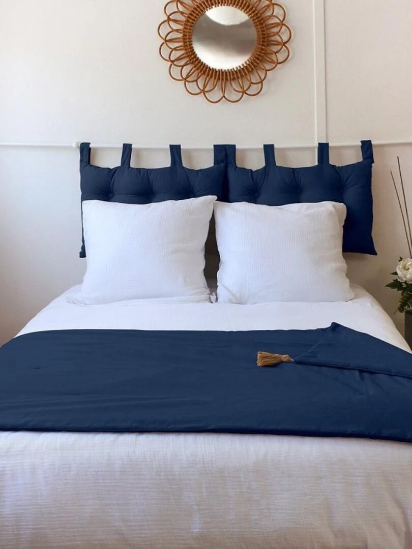 Édredon Panama 90x190 cm pompons jute marine   Bleu