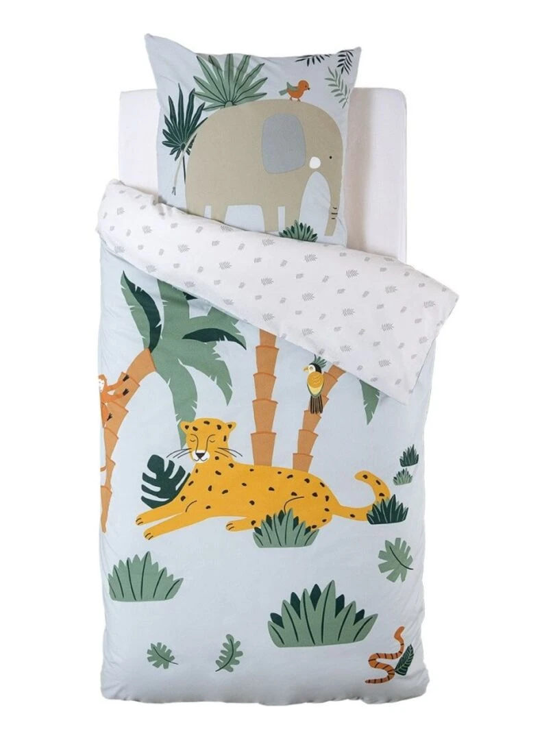 Housse de couette enfant 140x200 Jungle + taie 100% coton 57 fils Blanc
