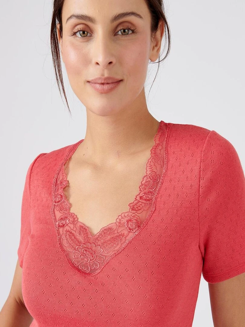 T shirt manches courtes  maille ajourée Thermolactyl   Damart   Rose framboise