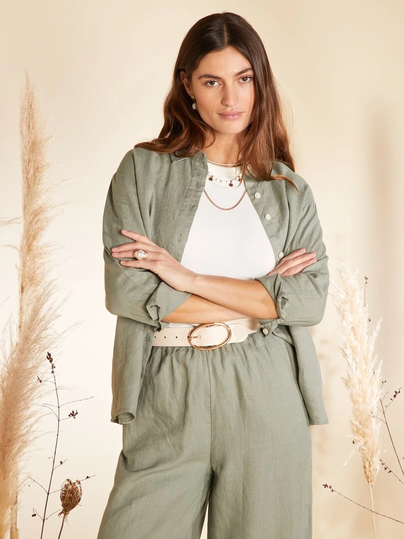 Chemise ample en lin à manches longues Kaki
