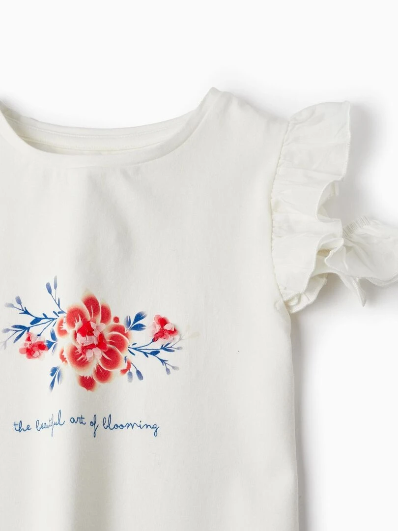 T Shirt En Coton À Épaules Dénudées Pour Fille 'Fleurs' manches courtes PICASSO   Blanc