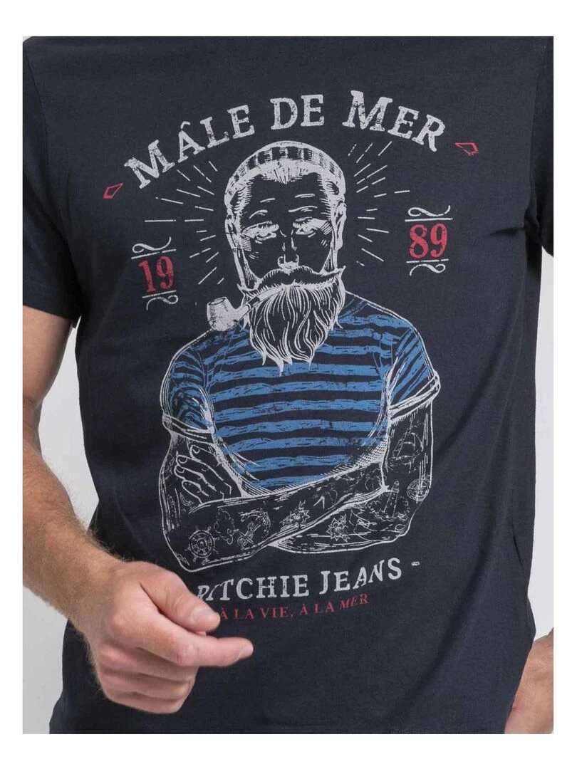 T shirt col rond pur coton JAMEKONG   Bleu marine