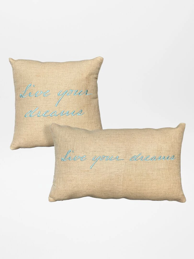 Lot de 2 coussins avec écriture beige/bleu