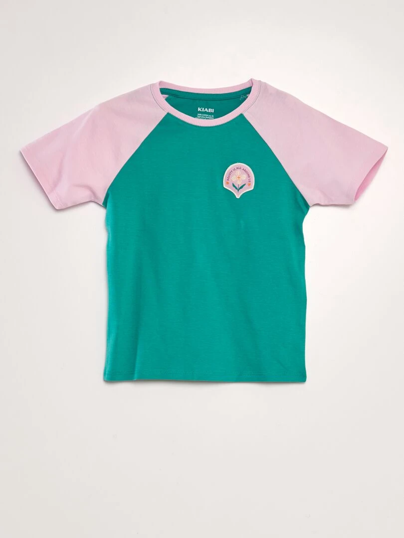 T shirt en coton à col rond Vert/rose