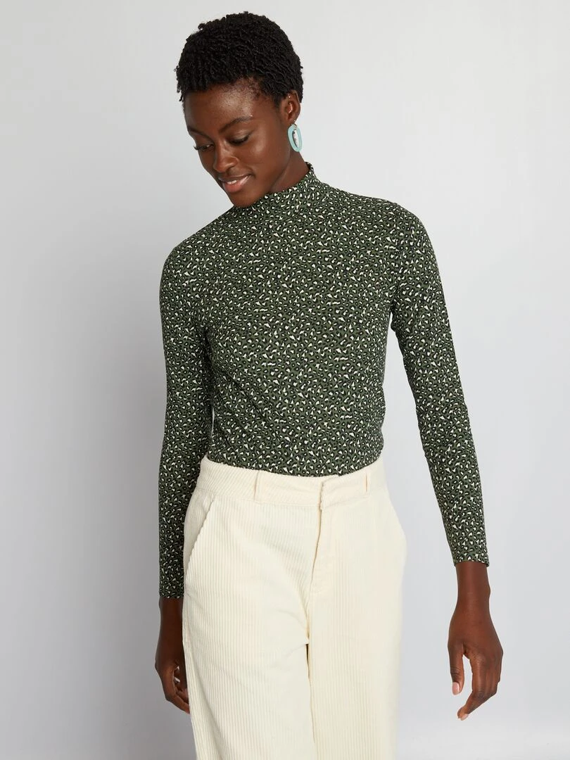 Sous pull en maille côtelée léopard Kaki
