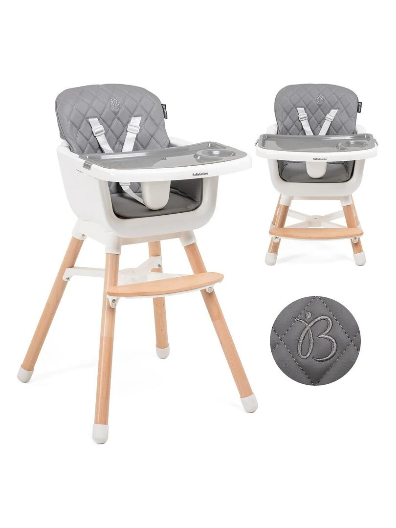 Bebelissimo Chaise haute 2 en 1 Evolutive Réglable bois de Hêtre PU cuir gris foncé HA Gris