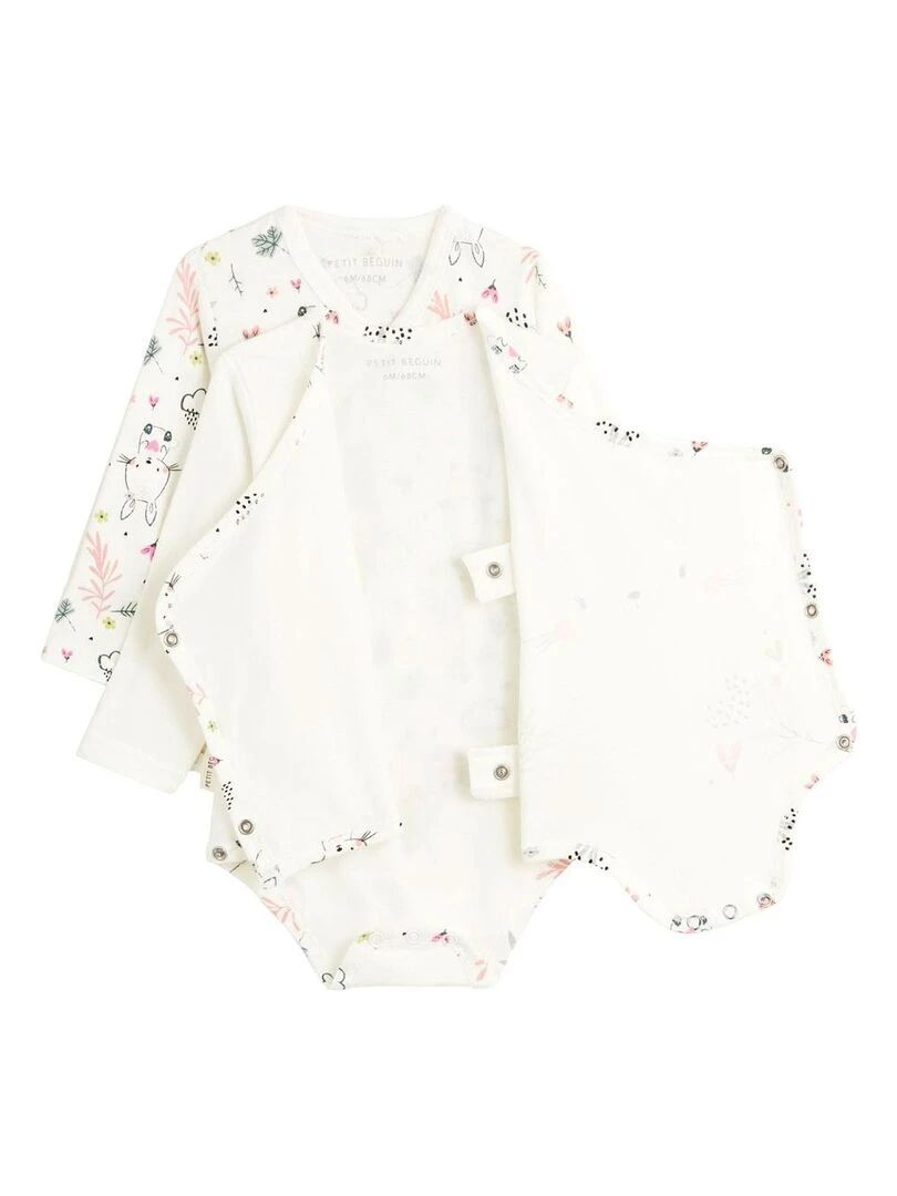 Lot de 2 bodies bébé manches longues ouverture croisée Happy Bunny   Ecru
