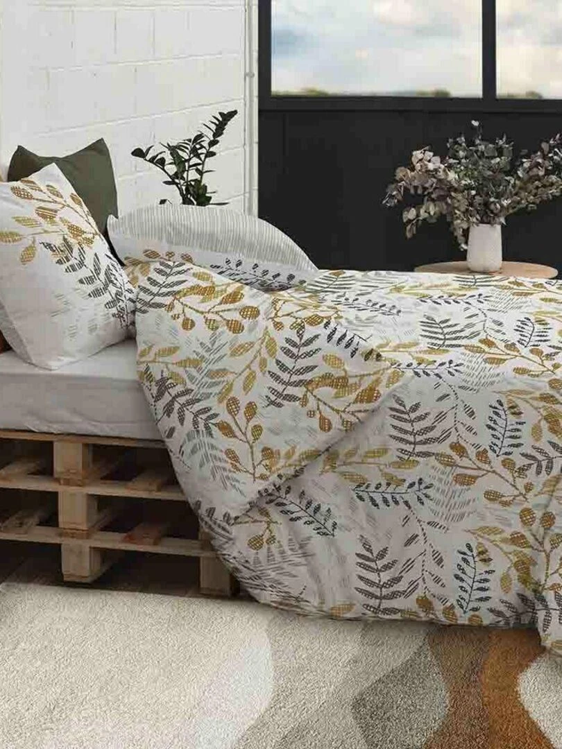 Housse de couette 220x240 cm + 2 taies d'oreiller 65x65 cm 100% Coton Bio 57 fils Eloa   Jaune