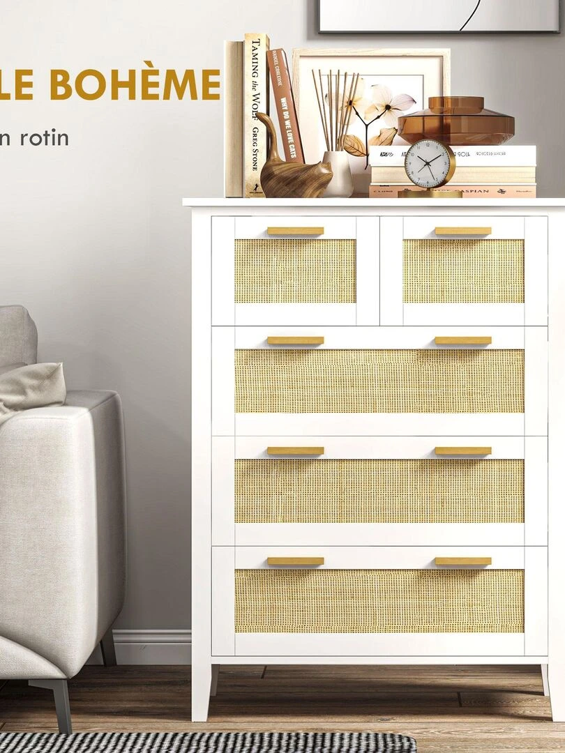 Commode 5 tiroirs cannage en rotin MDF blanc bois de pin   Blanc
