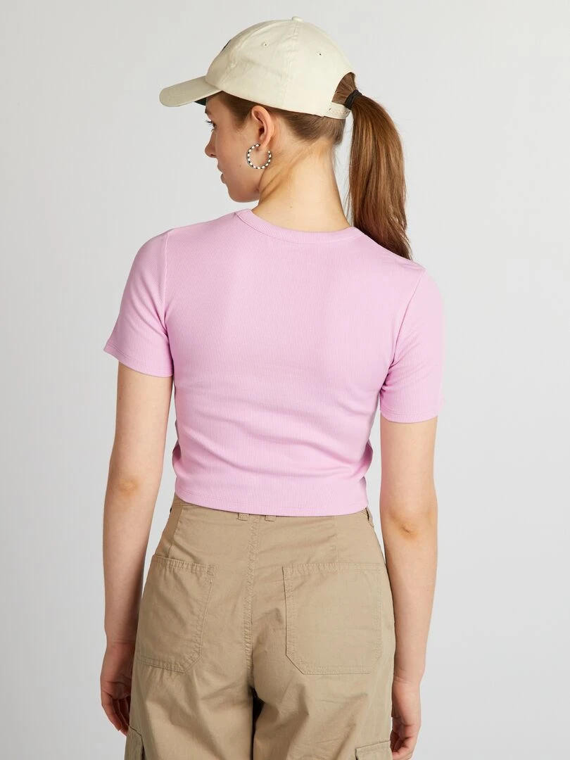 Tee shirt crop top côtelé   Rose