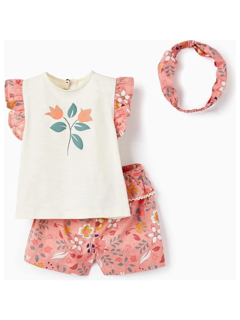 Serre tête + T shirt + Short pour Bébé Fille 'Floral' Orange clair