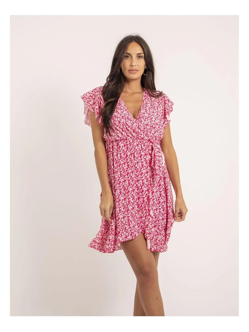Robe courte portefeuille motifs INEZA Rose