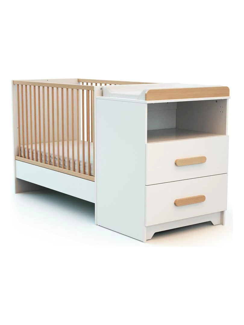 AT4 Combiné lit bébé évolutif Gavroche en bois Blanc et Hêtre 60 x 120 cm Marron clair