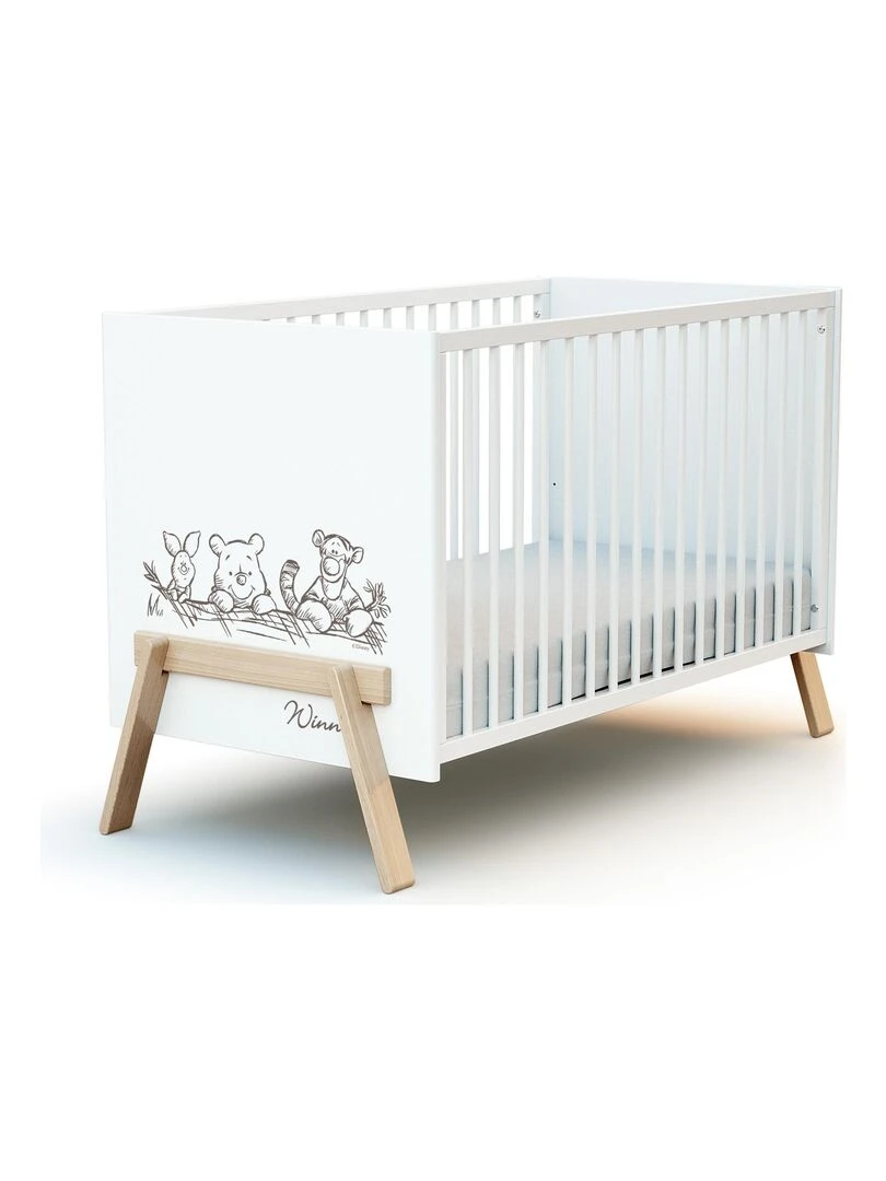 AT4 Lit bébé Canaille Winnie en bois Blanc et Hêtre 60 x 120 cm Marron clair