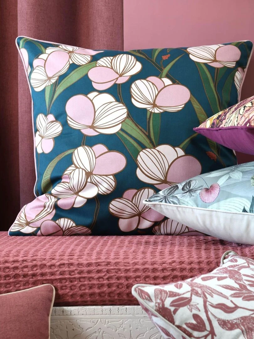 Coussin déhoussable à l'esprit floral Bleu pétrole