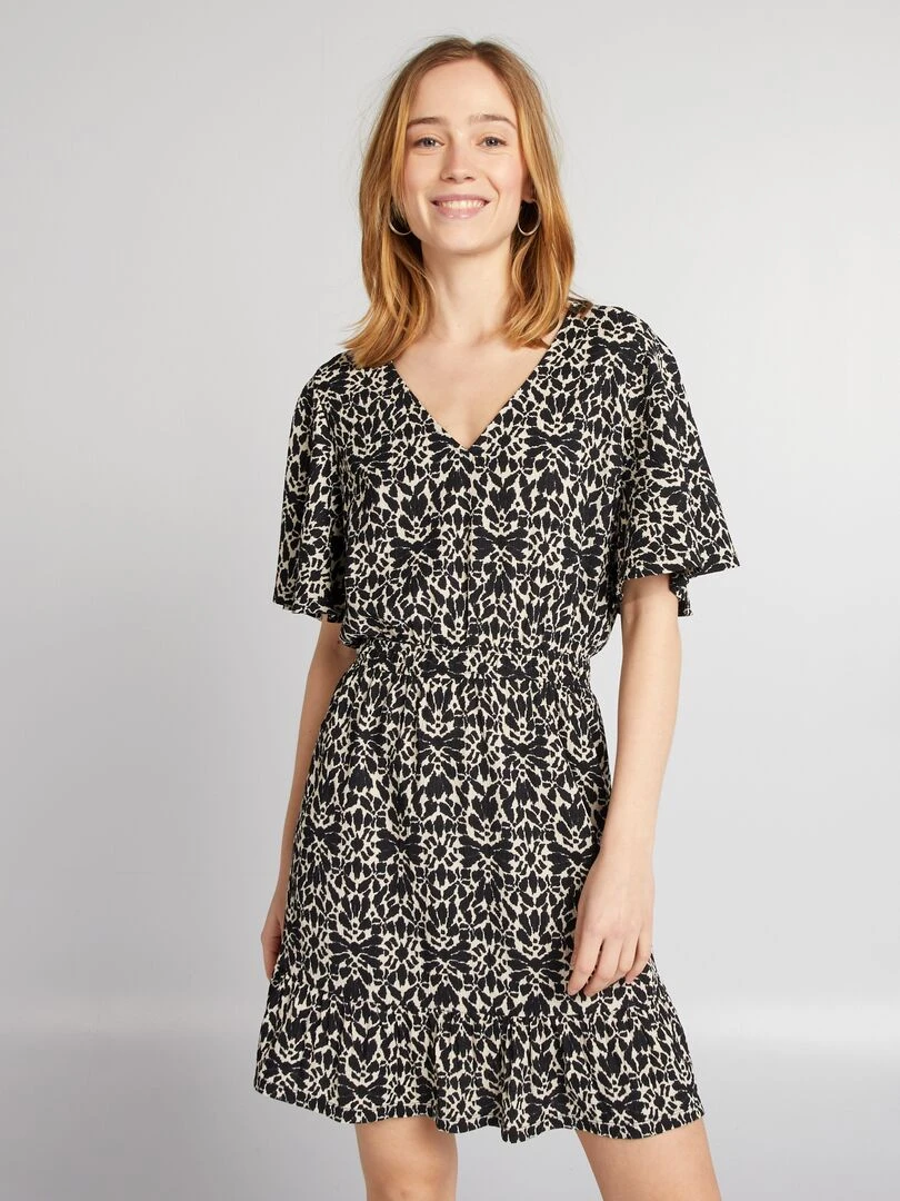 Robe courte imprimée à volant   Noir imprimé