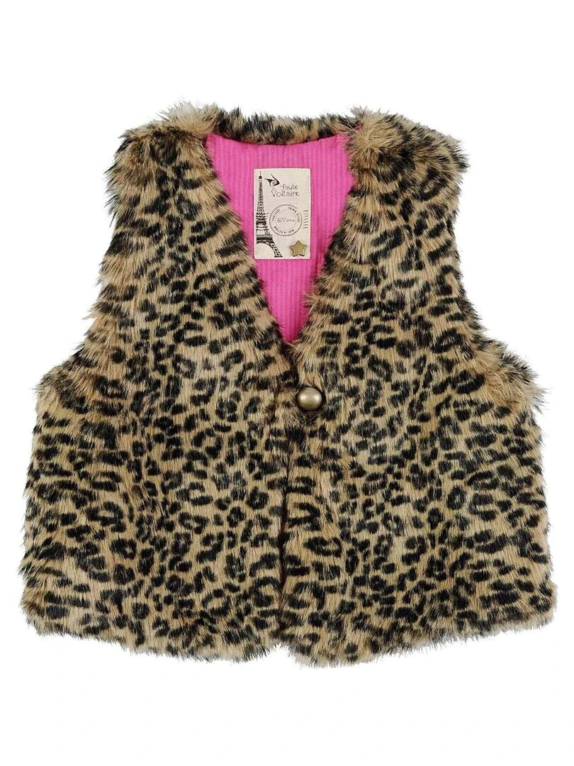 Gilet de Berger Fille  Imitation Fourrure Léopard  PETITE BERGERE   'LA FAUTE A VOLTAIRE'   Marron