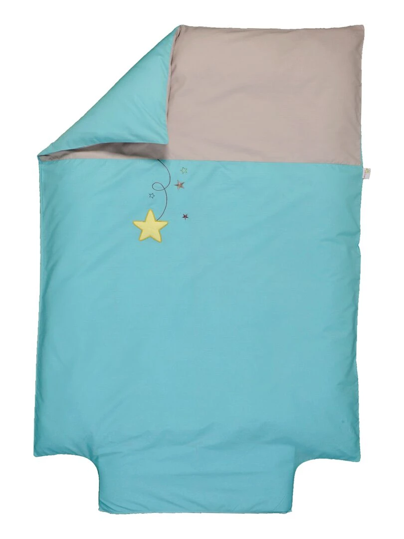 Housse de couette brodée 100x140 cm 100% coton bio 'P'tit Basile' Bleu turquoise