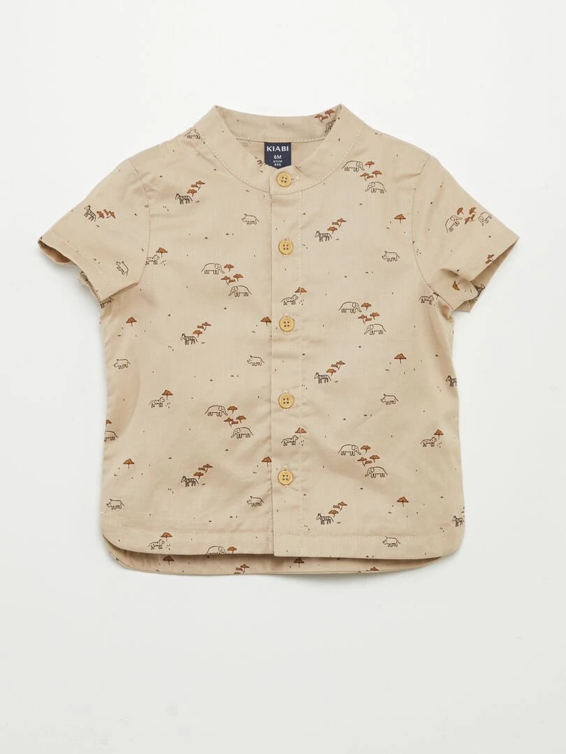 Chemise col mao imprimé palmiers Beige