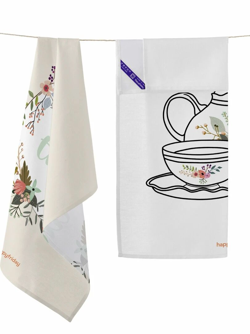 Torchon (2 pièces) Time to tea "Happyfriday"   Blanc