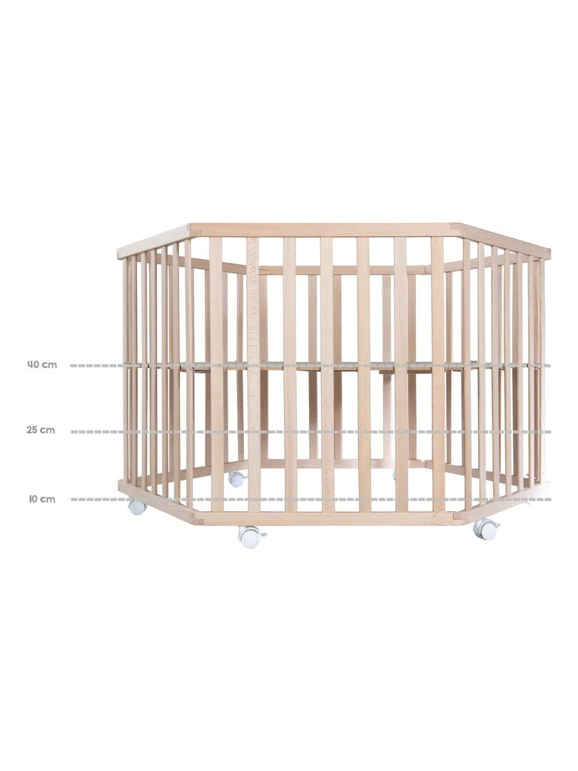ROBA Parc Bébé Hexagonal en Bois "Liebhabear" + Tapis de Parc et Roues à Freins   Blanc   Marron