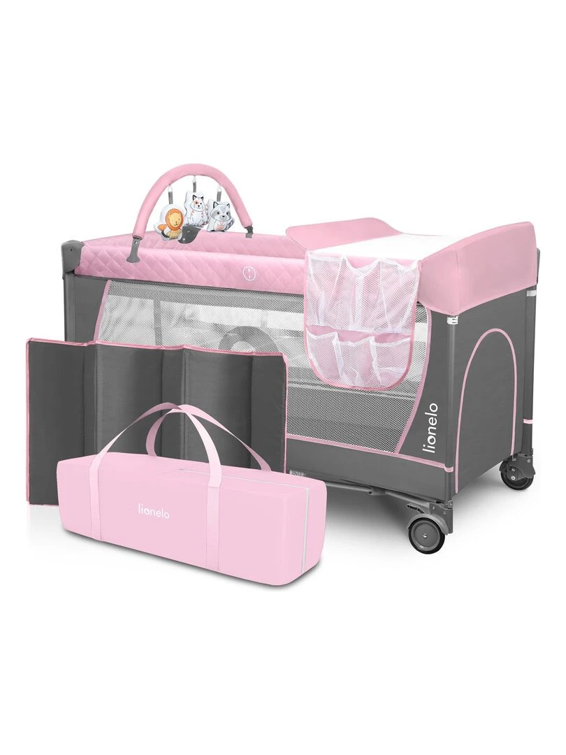 LIONELO Flower Lit parapluie bébé 2en1 0 36 mois Sac de Transport Pliage Rapide Roulettes Blanc Rose Gris