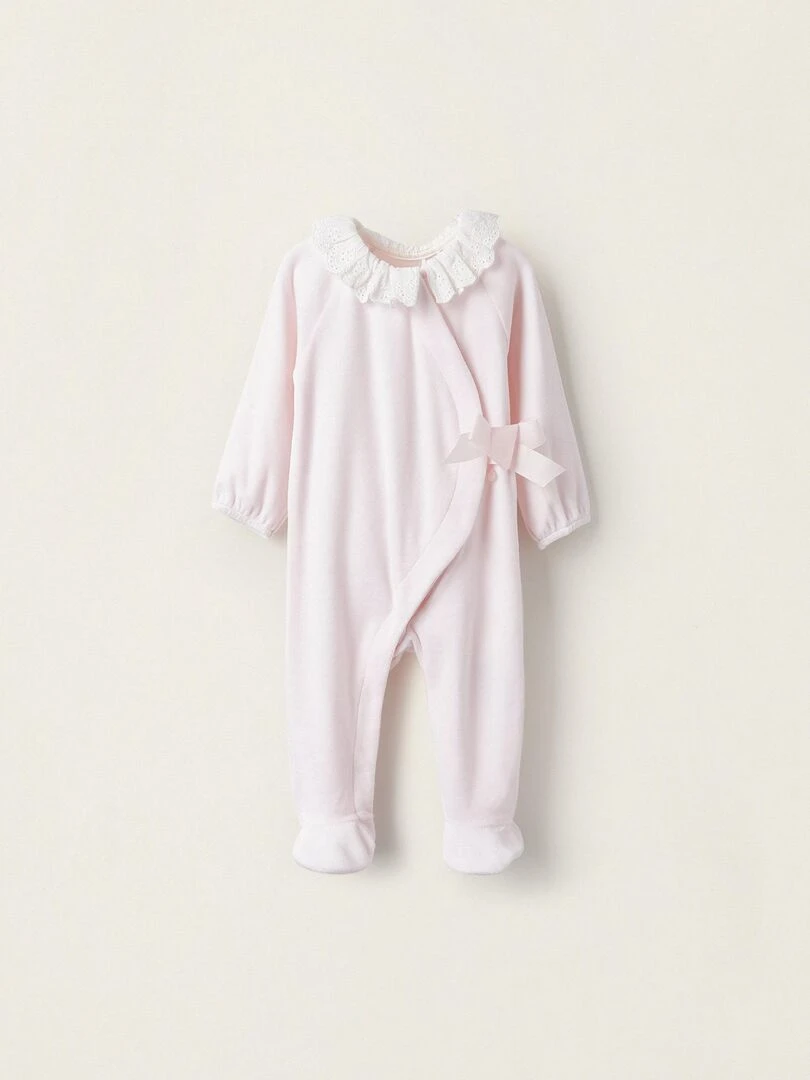 Grenouillère en velours avec nœud pour nouveau né WELCOME HOME Rose