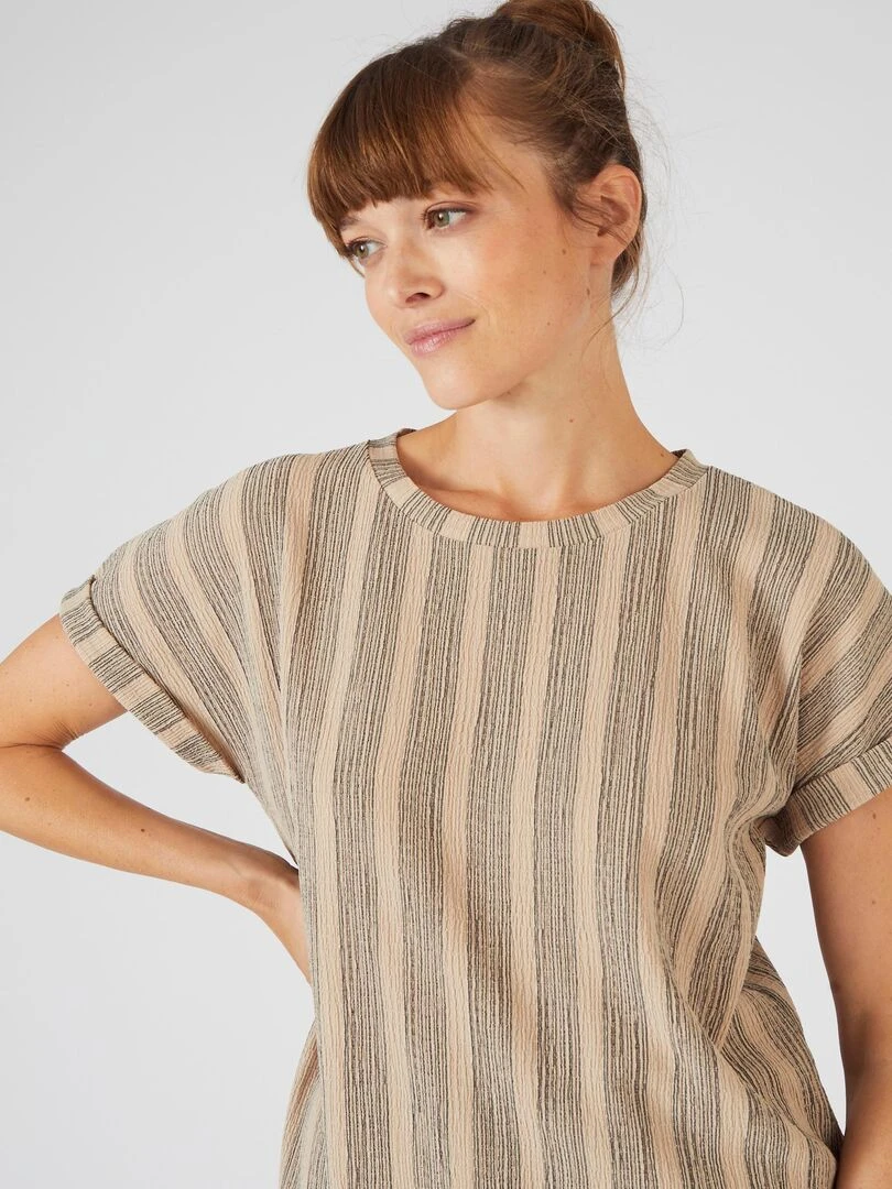 Tee shirt en maille texturée rayée Damart Beige