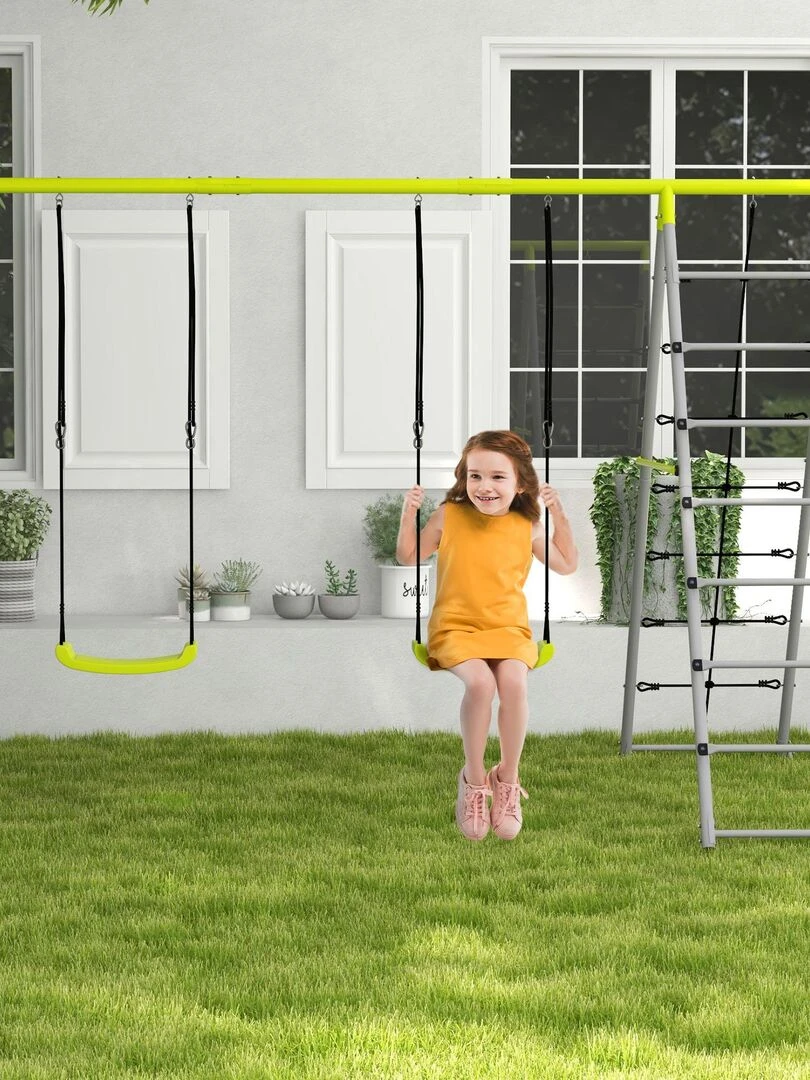 Balançoire portique 4 agrès   2 balançoires  2 échelles   gris vert   Gris