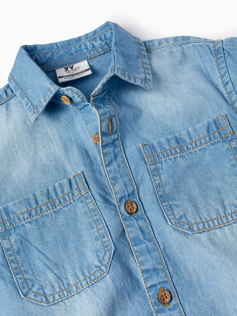 Chemise à manches courtes en denim de coton pour bébé garçon manches courtes CUBA   Bleu clair