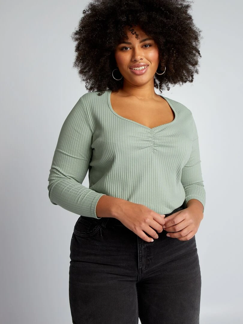 T shirt côtelé avec col V fantaisie   Vert