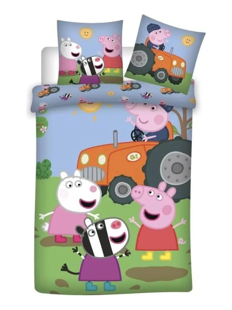 Parure de Lit Enfant Coton Réversible Peppa Pig Tracteur Bleu