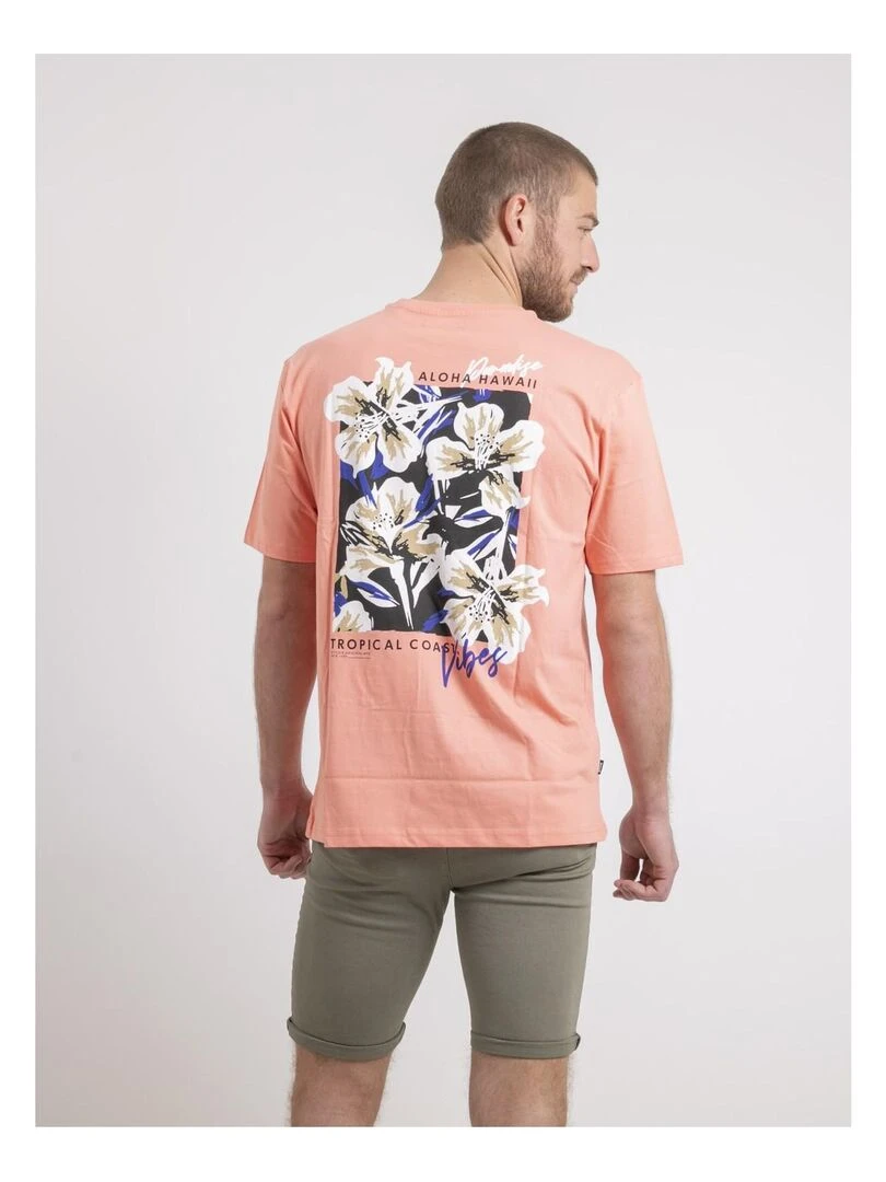 T shirt col rond oversize pur coton NOFENIX Orange corail
