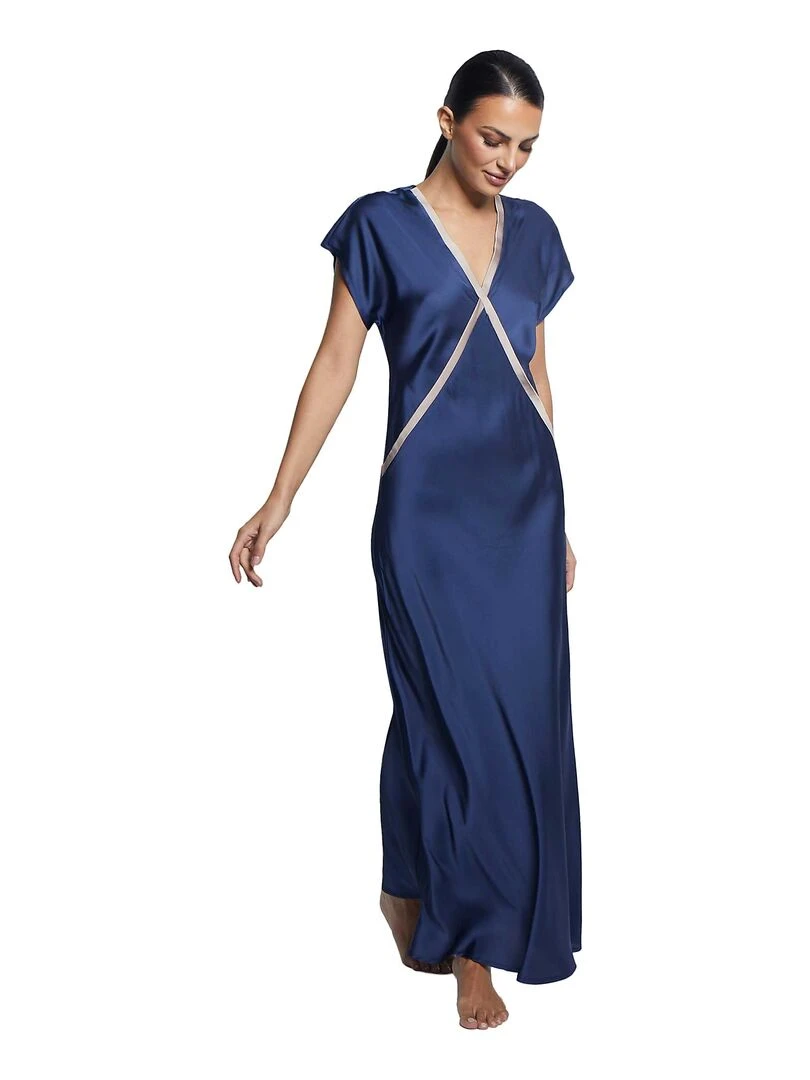 Chemise de nuit longue manches courtes Satin Bleu marine