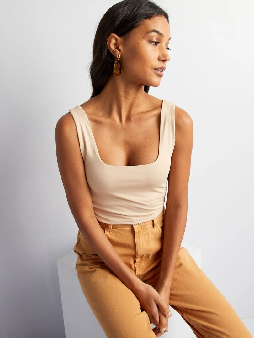 T shirt stretch à col carré Beige