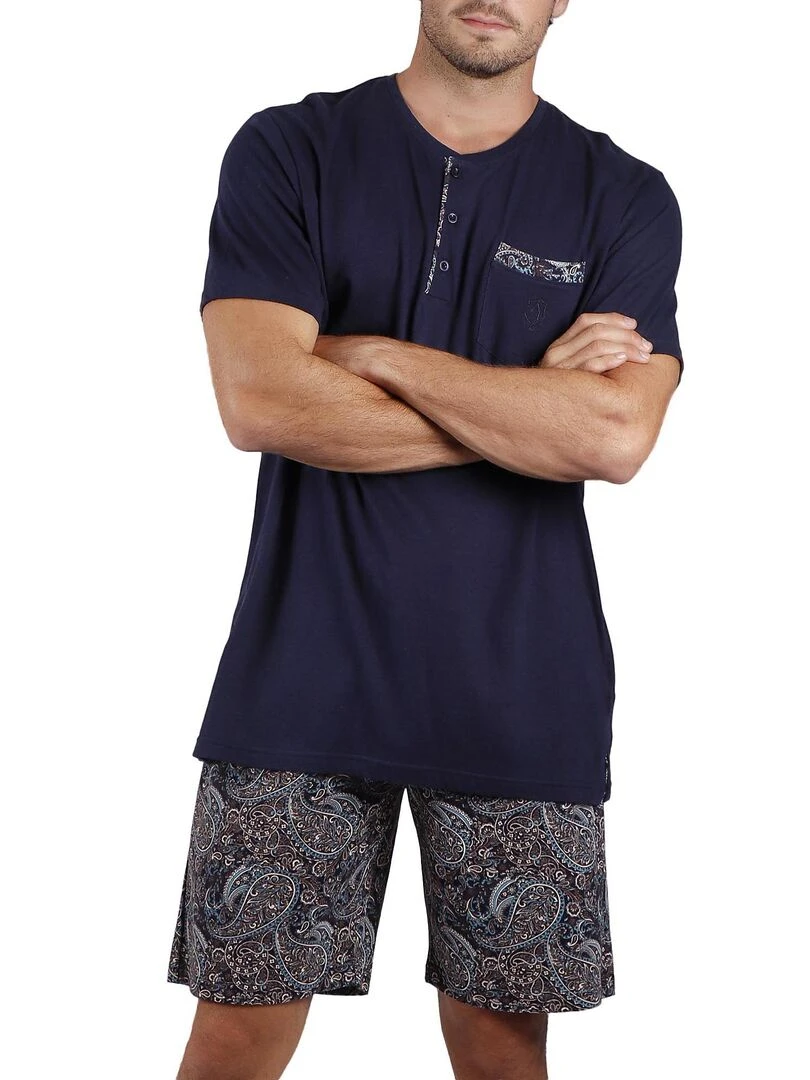 Pyjama short t shirt Cachemire Bleu marine