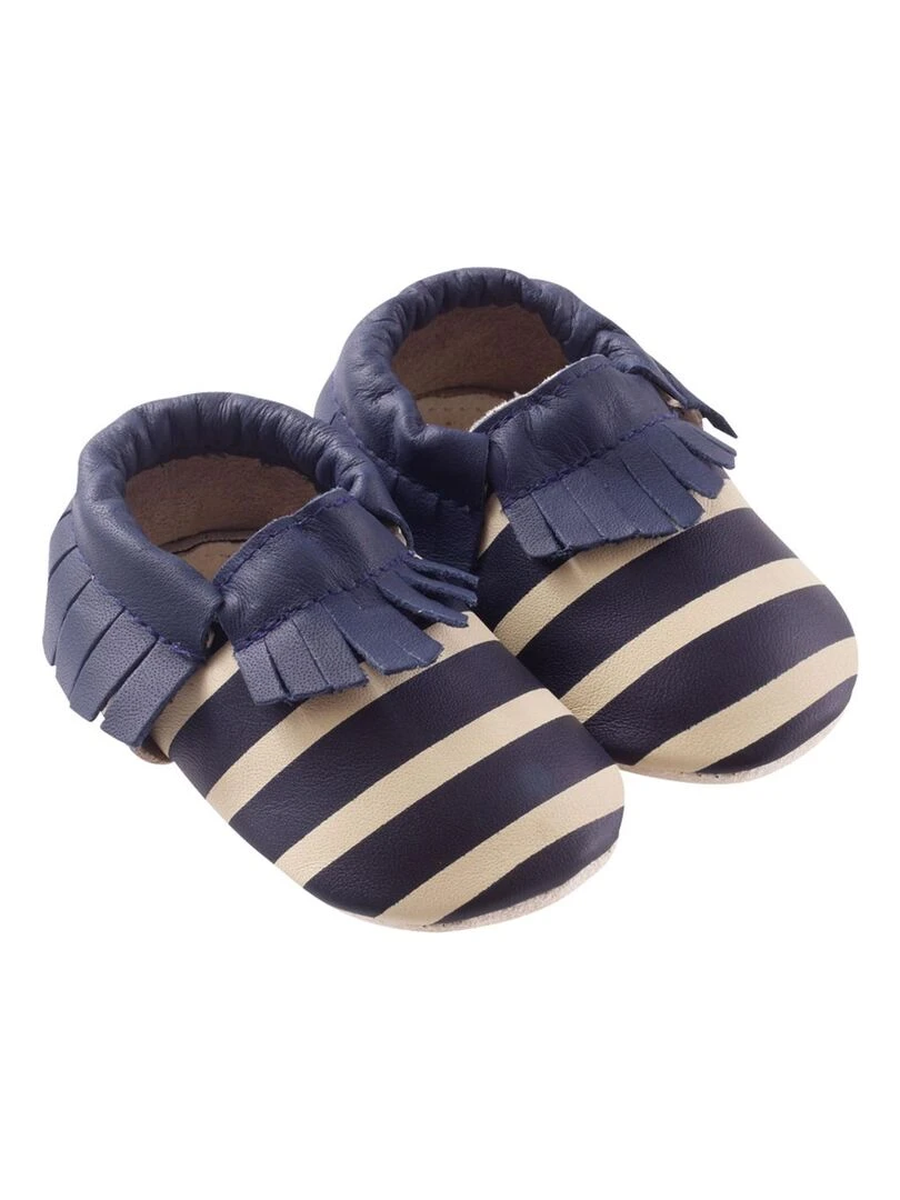 Chaussons cuir souple à franges Marcel rayé marine Bleu marine
