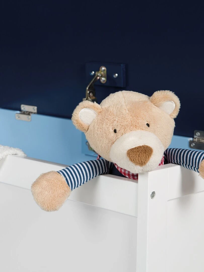 ROBA Banc Coffre à Jouets "Rennfahrer" en Bois pour Enfant Fermeture Douce Blanc/Bleu Bleu Blanc