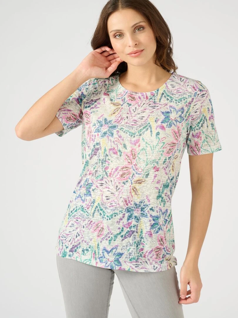 Tee shirt manches courtes maille dévorée imprimée Damart Vert chèvrefeuille