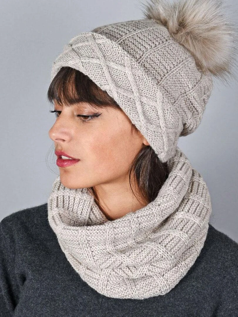 Ensemble Snood Bonnet Komin Made in UE Beige