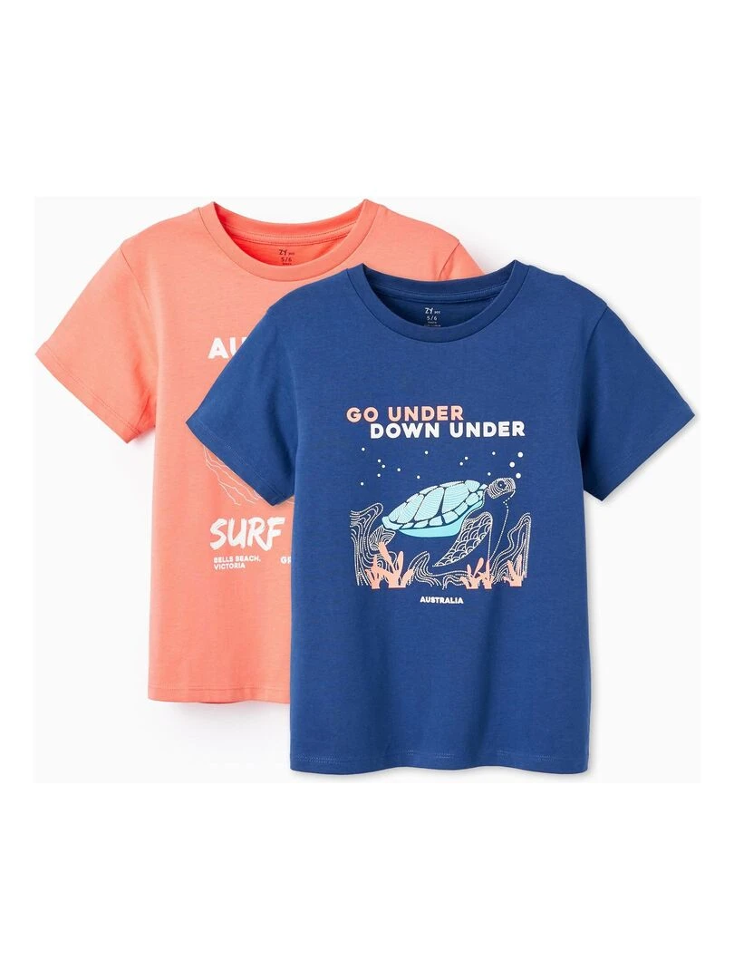2 T shirts en Coton pour Garçon 'Surf Club' manches courtes Bleu foncé