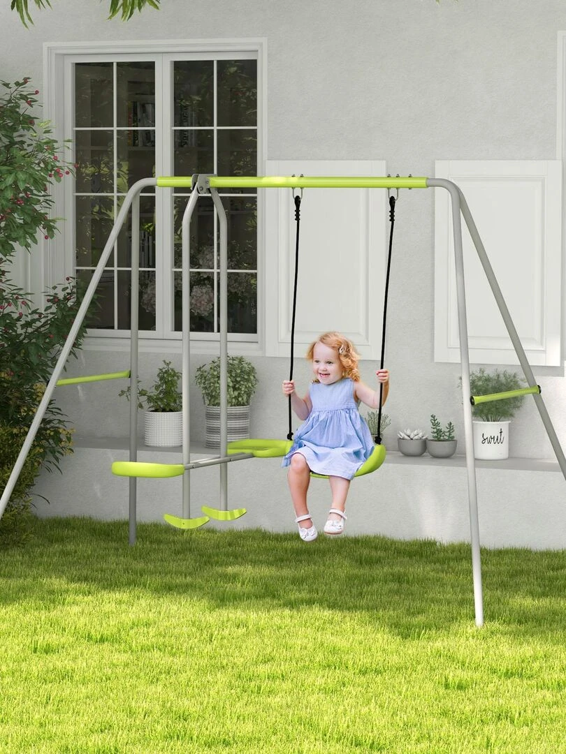 Balançoire 2 agrès portique avec balançoire et face à face gris vert   Gris