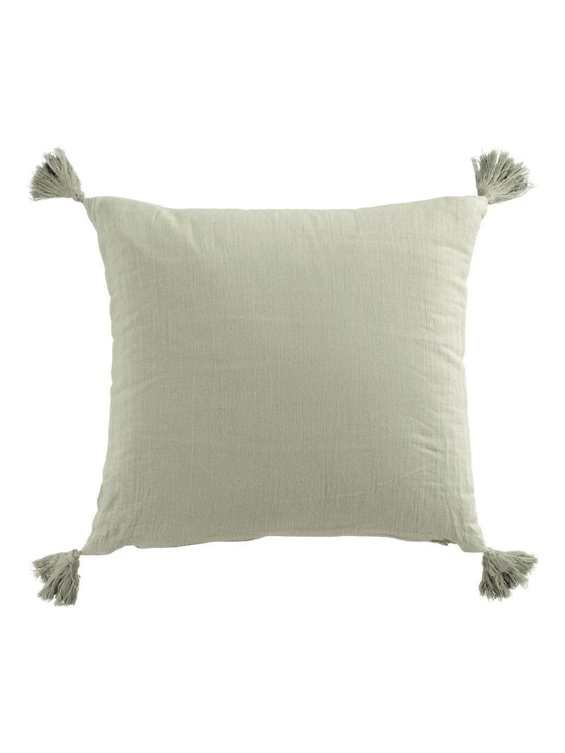 Coussin carré 40x40 cm Gaze de coton avec pompons Vert clair