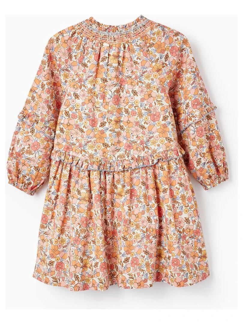 Robe en Coton à Fleurs pour Fille manches longues BROTHERS&SISTERS Blanc Orange clair