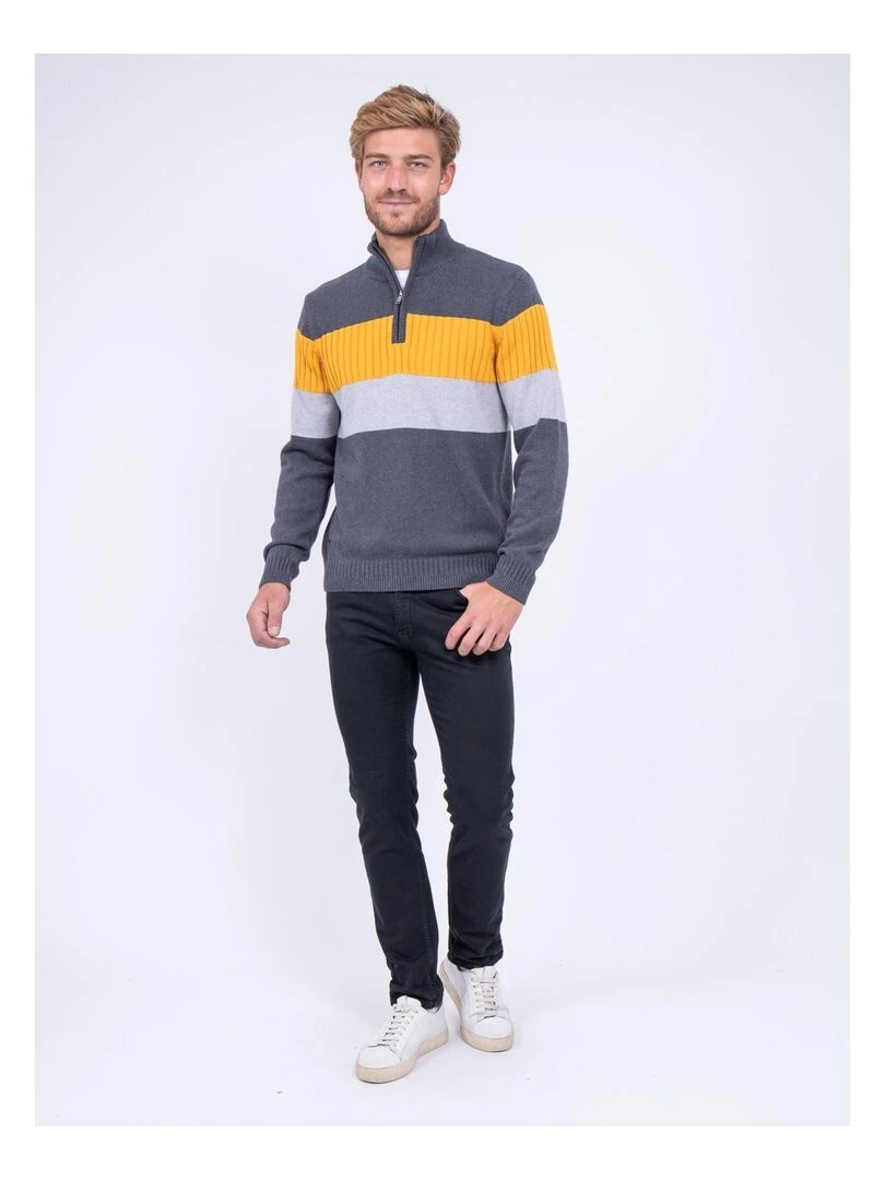 Pull col montant zippé pur coton LENAR   gris anthracite