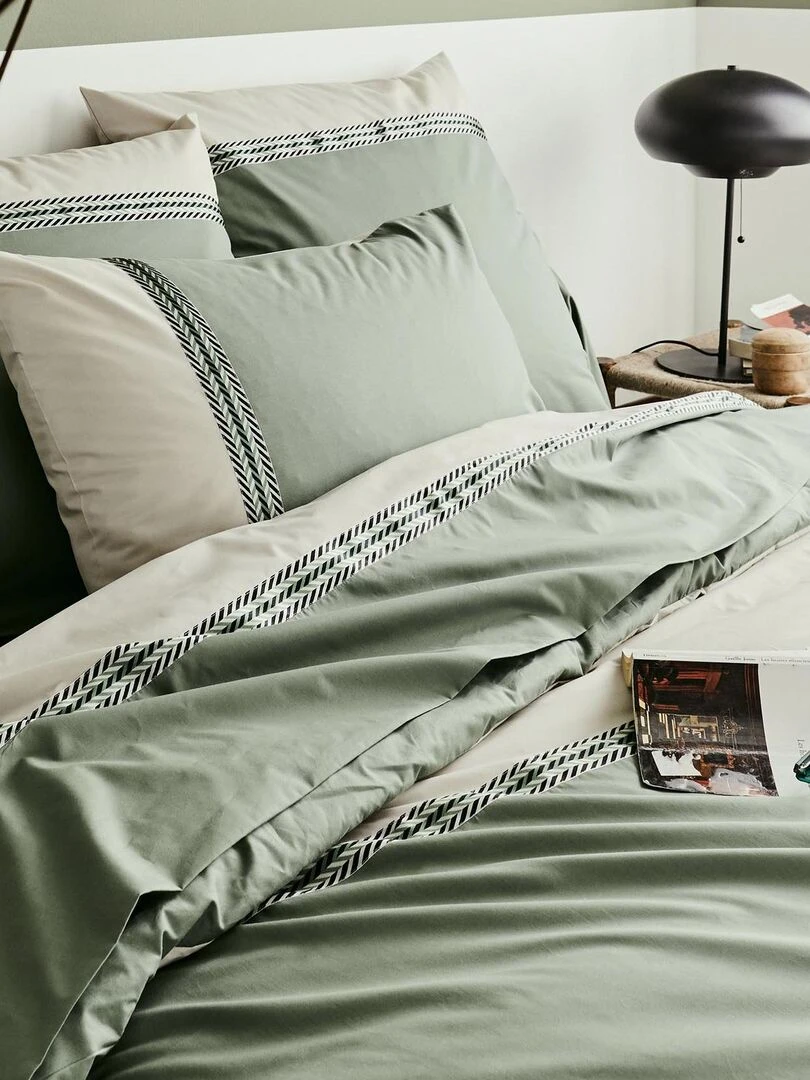 Drap plat en percale de coton à galon géométrique Vert olive