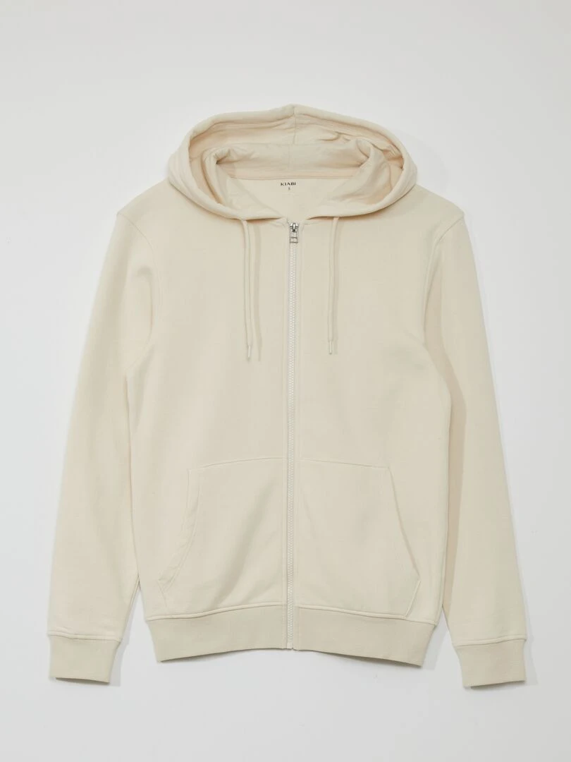 Sweat zippé à capuche en molleton uni beige